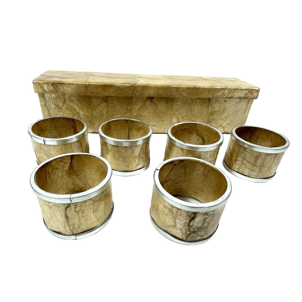 Shawna‎ Stoney Capiz Shell Napkin Rings Box Set 6 Modern Organic Vtg Gold Silver
